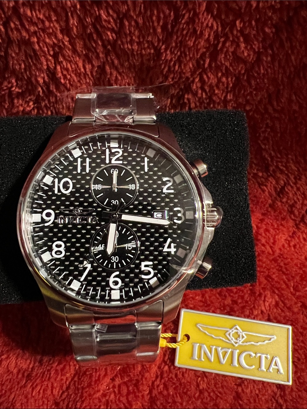 Invicta Men's Silver Watch with Black Textured Dial